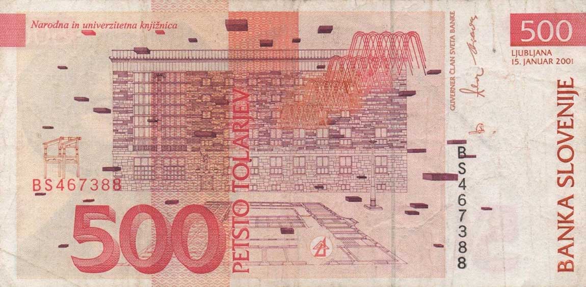 Back of Slovenia p16b: 500 Tolarjev from 2001