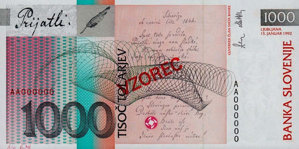 Back of Slovenia p17s: 1000 Tolarjev from 1992