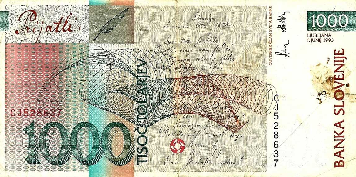 Back of Slovenia p18b: 1000 Tolarjev from 1993