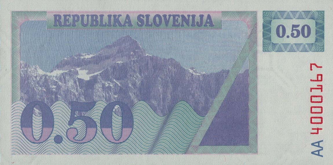 Back of Slovenia p1A: 0.5 Tolar from 1990