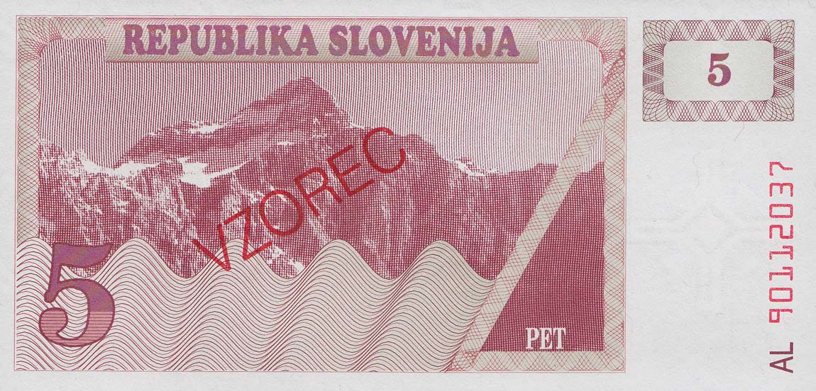 Back of Slovenia p3s1: 5 Tolarjev from 1990
