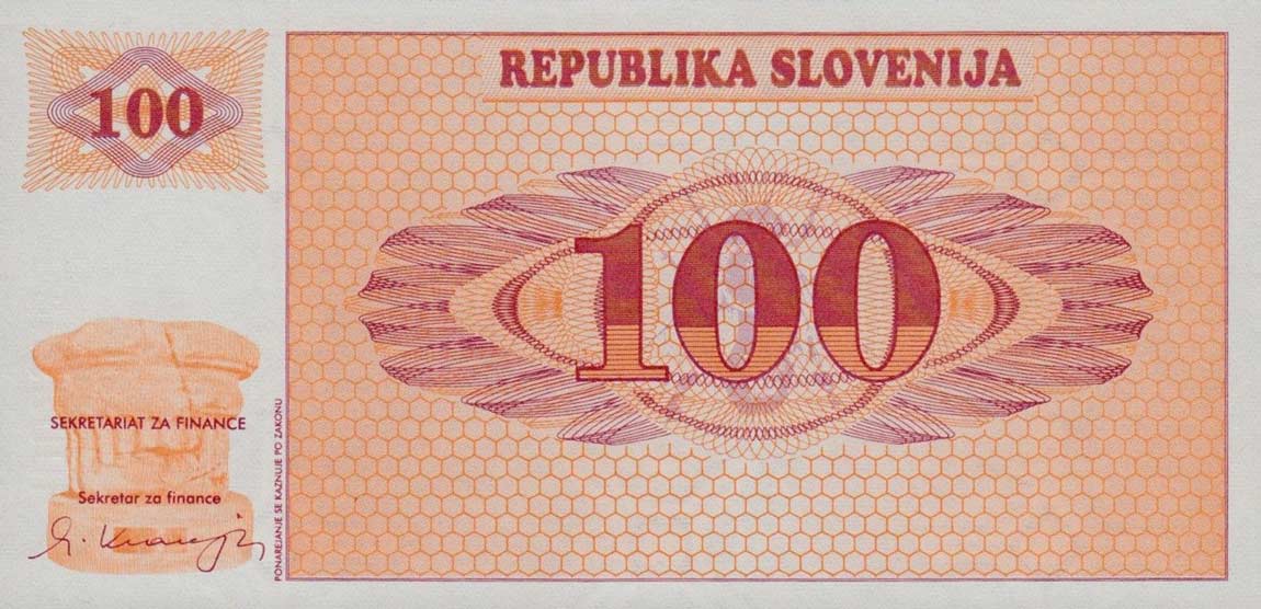Front of Slovenia p6a: 100 Tolarjev from 1990