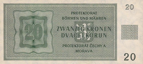 Back of Bohemia and Moravia p9a: 20 Korun from 1944