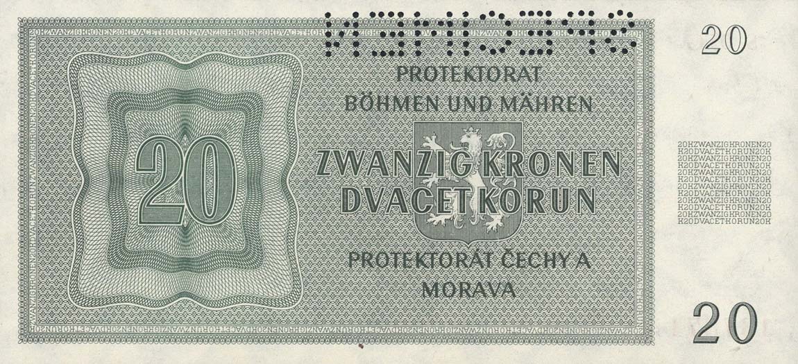 Back of Bohemia and Moravia p9s: 20 Korun from 1944