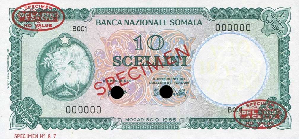 Front of Somalia p6s: 10 Scellini from 1966