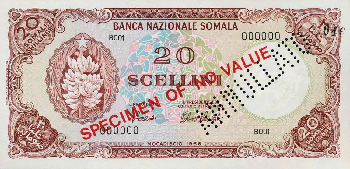 Front of Somalia p7s: 20 Scellini from 1966