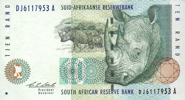 Front of South Africa p123a: 10 Rand from 1993