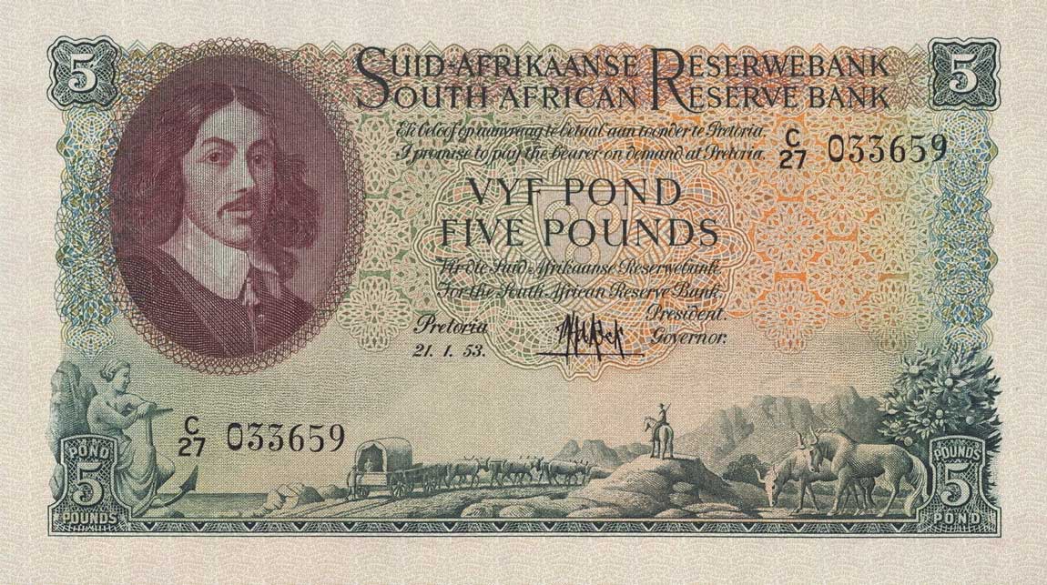 Front of South Africa p97b: 5 Pounds from 1953