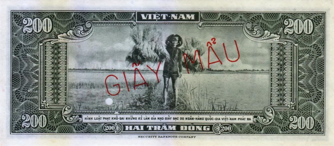 Back of Vietnam, South p14s: 200 Dong from 1955