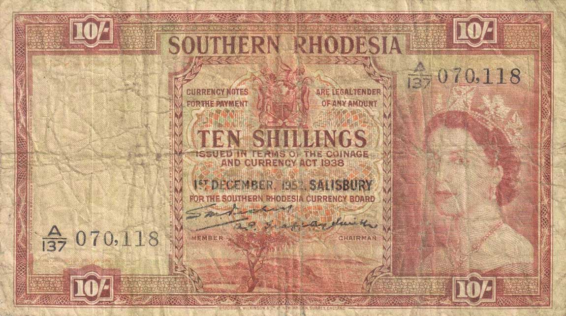 Front of Southern Rhodesia p12a: 10 Shillings from 1952