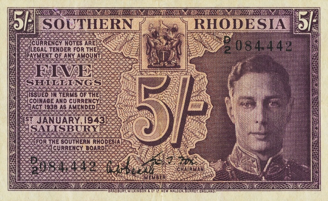 Front of Southern Rhodesia p8a: 5 Shillings from 1943