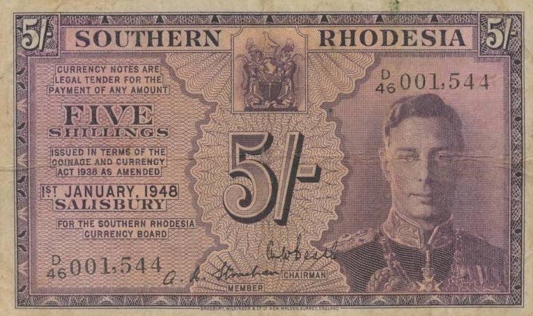 Front of Southern Rhodesia p8b: 5 Shillings from 1945