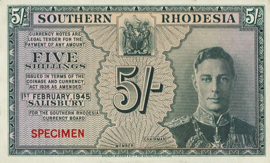 Front of Southern Rhodesia p8ct: 5 Shillings from 1943