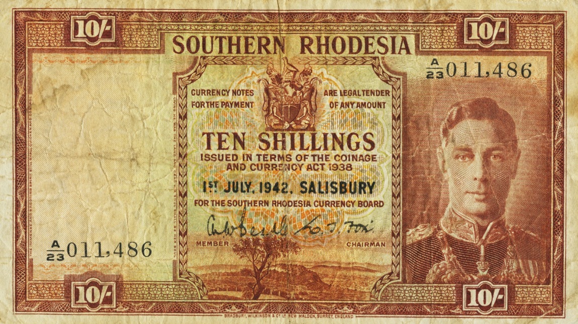 Front of Southern Rhodesia p9a: 10 Shillings from 1939