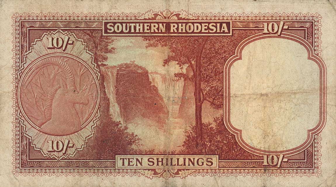 Back of Southern Rhodesia p9e: 10 Shillings from 1950