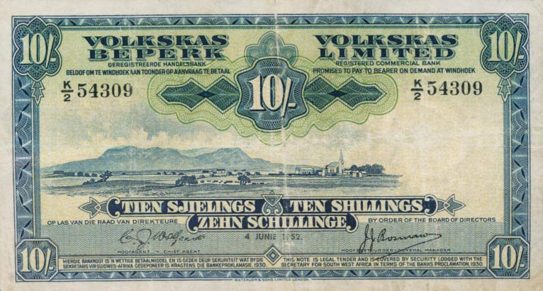 Front of Southwest Africa p13a: 10 Shillings from 1949