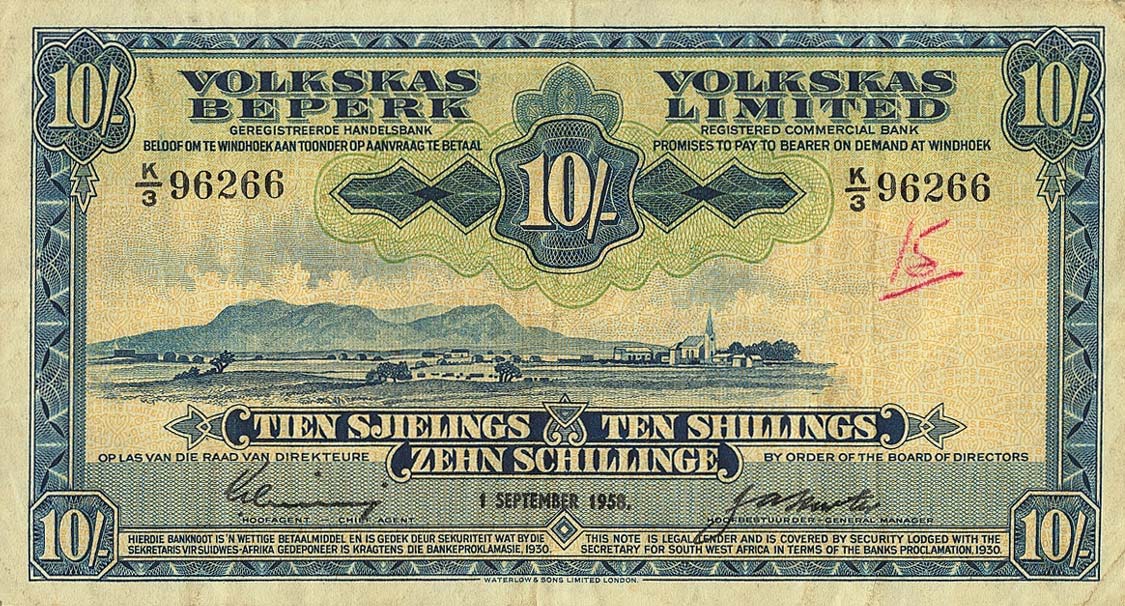 Front of Southwest Africa p13b: 10 Shillings from 1958