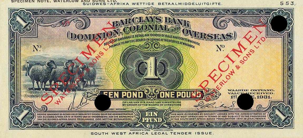 Front of Southwest Africa p2s: 1 Pound from 1931