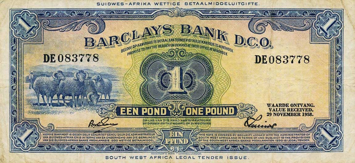 Front of Southwest Africa p5b: 1 Pound from 1958
