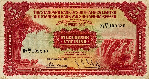 Front of Southwest Africa p9b: 5 Pounds from 1933