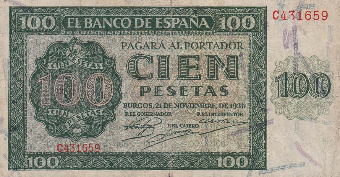 Front of Spain p101a: 100 Pesetas from 1936