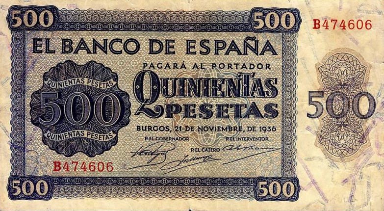 Front of Spain p102a: 500 Pesetas from 1936