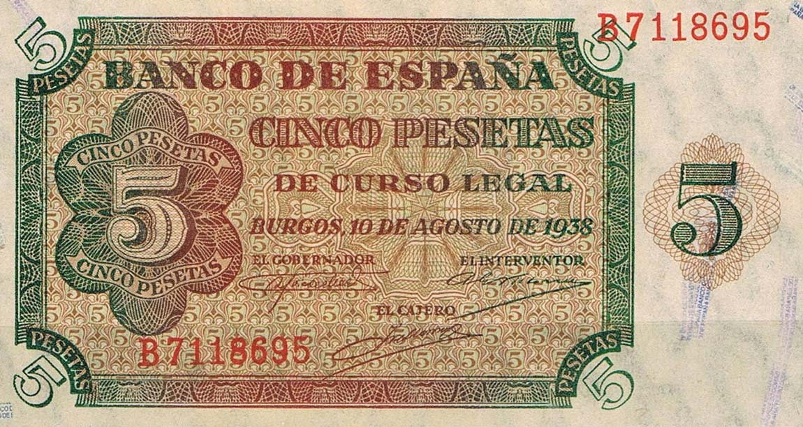 Front of Spain p110a: 5 Pesetas from 1938