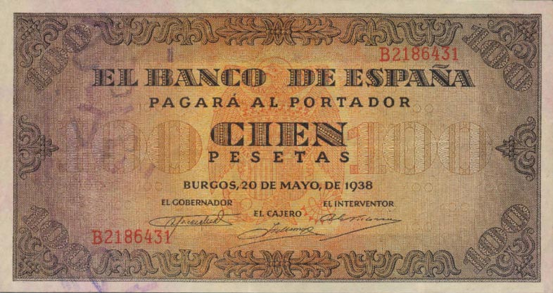 Front of Spain p113a: 100 Pesetas from 1938