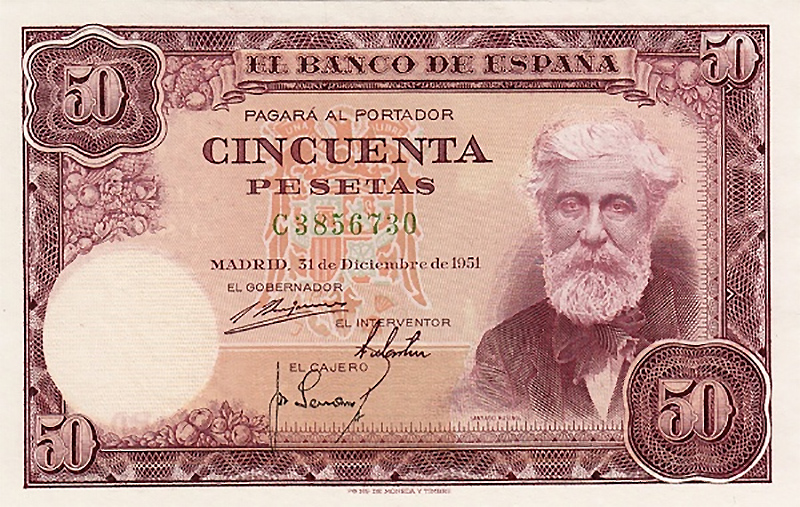 Front of Spain p141a: 50 Pesetas from 1951