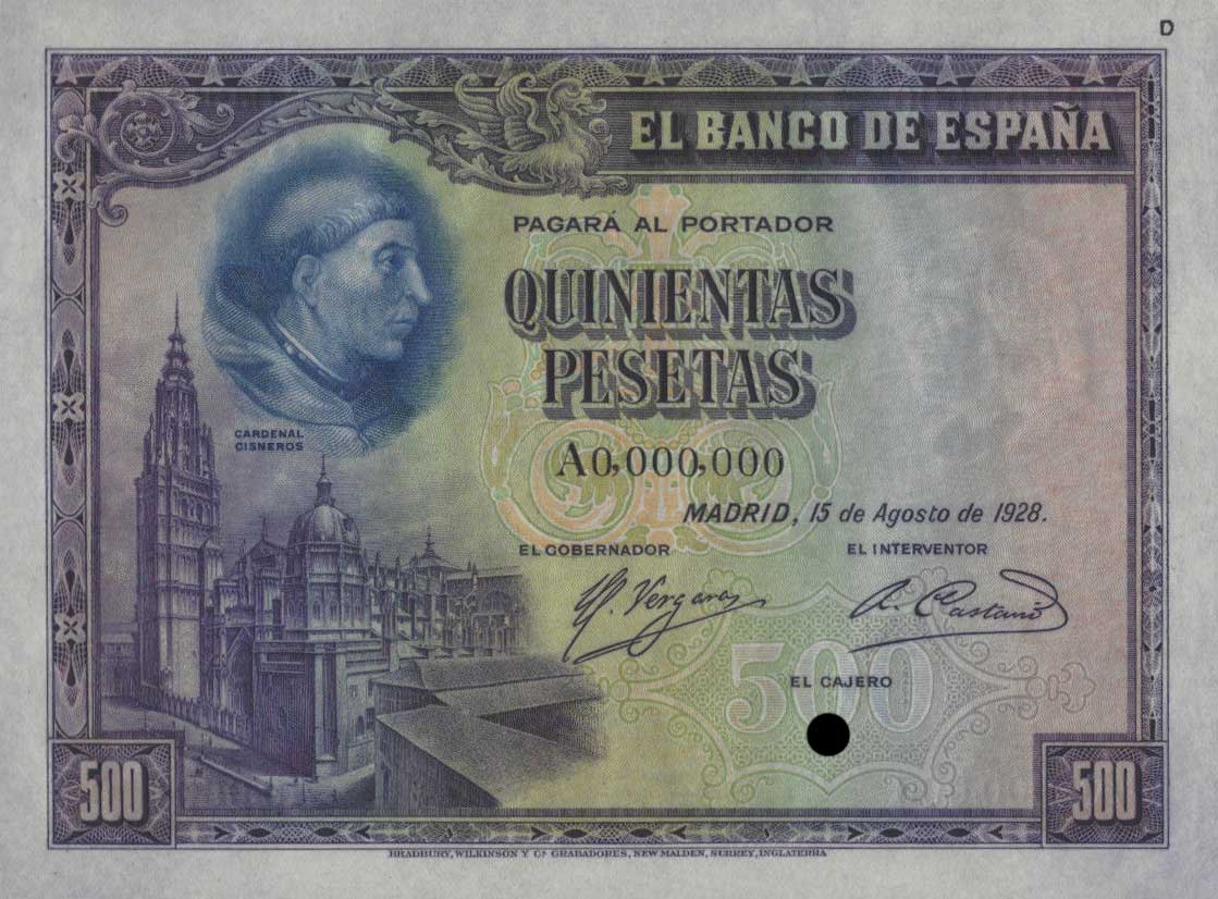 Front of Spain p77ct: 500 Pesetas from 1928