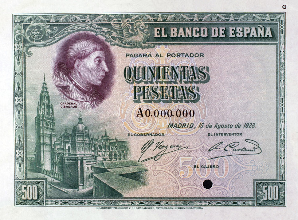 Front of Spain p77s: 500 Pesetas from 1928