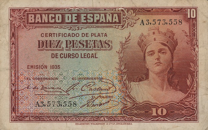 Front of Spain p86a: 10 Pesetas from 1935