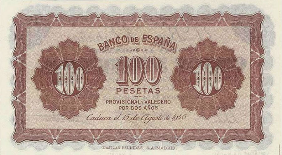 Back of Spain p91a: 100 Pesetas from 1938