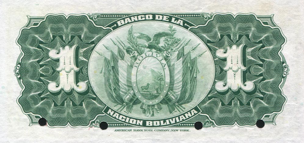 Back of Bolivia p102s: 1 Boliviano from 1911
