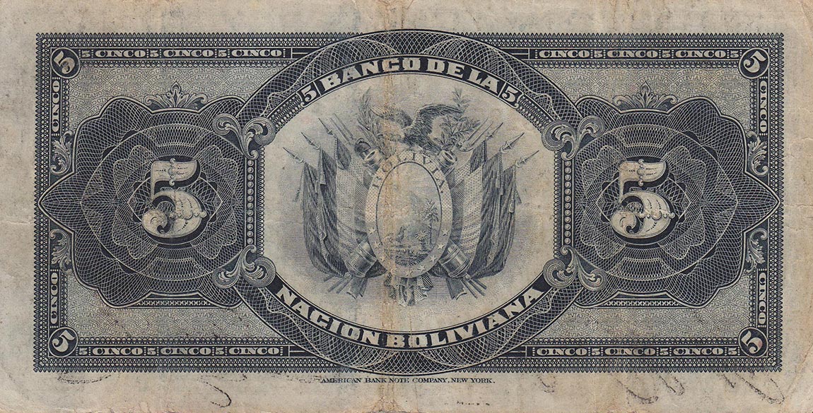 Back of Bolivia p105b: 5 Bolivianos from 1911