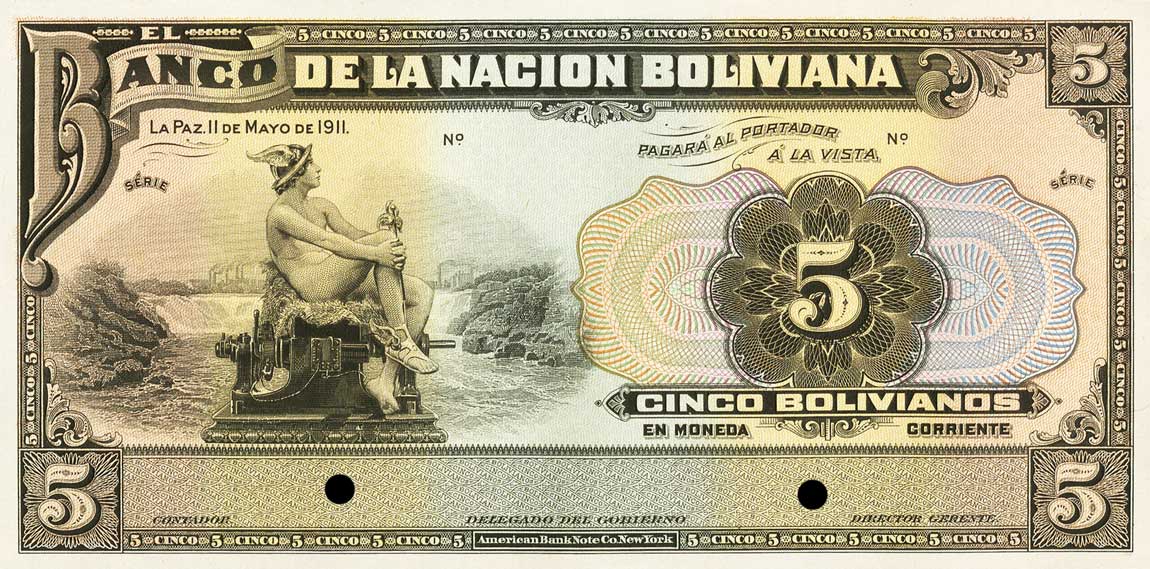 Front of Bolivia p105p: 5 Bolivianos from 1911
