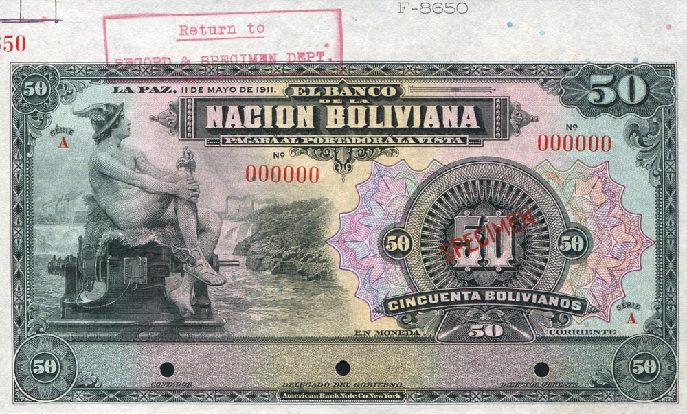 Front of Bolivia p116s: 50 Bolivianos from 1929