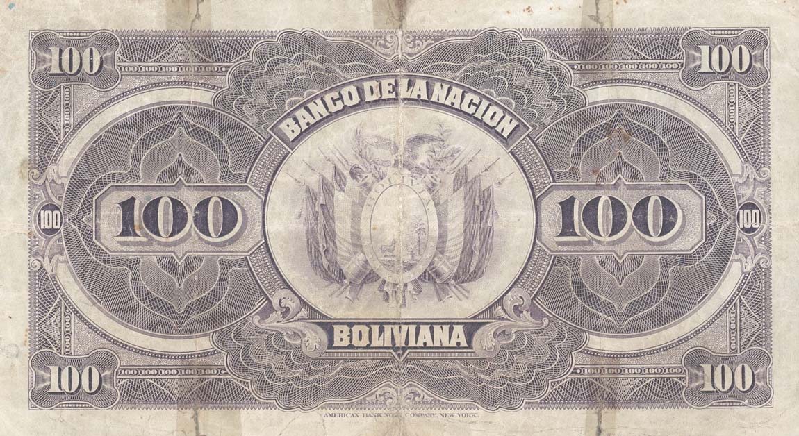 Back of Bolivia p117a: 100 Bolivianos from 1929