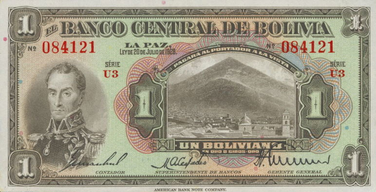 Front of Bolivia p118a: 1 Boliviano from 1928