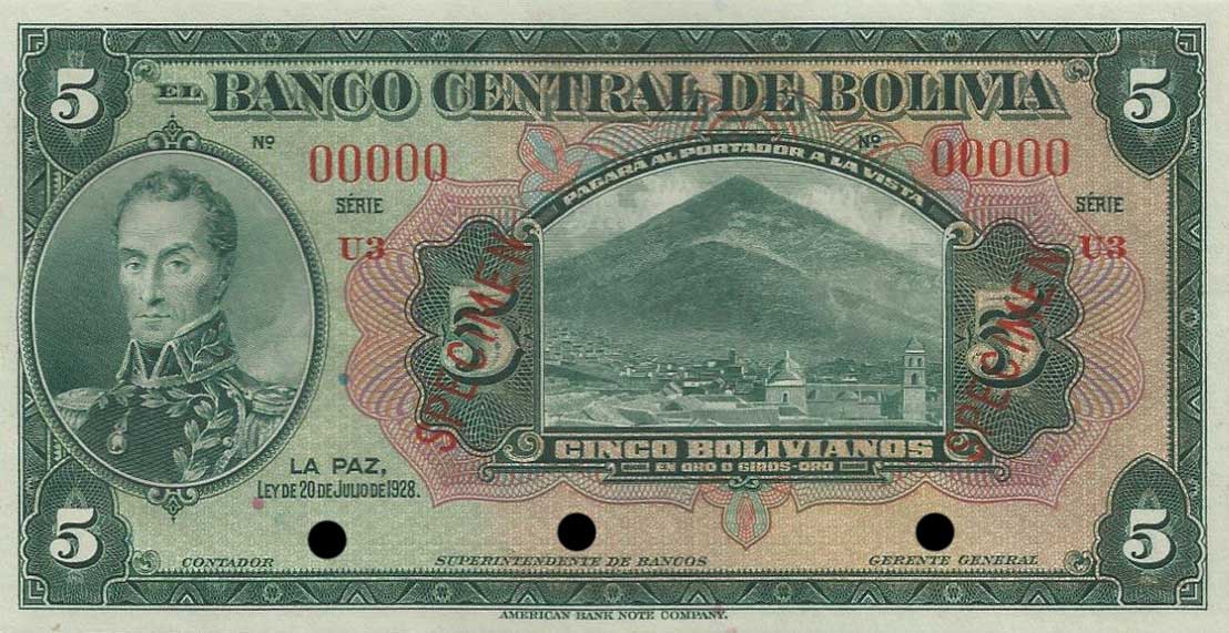 Front of Bolivia p120s: 5 Bolivianos from 1928