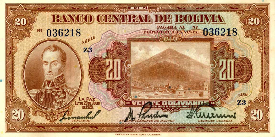 Front of Bolivia p122a: 20 Bolivianos from 1928
