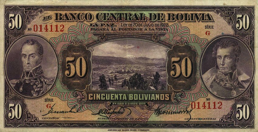 Front of Bolivia p123a: 50 Bolivianos from 1928