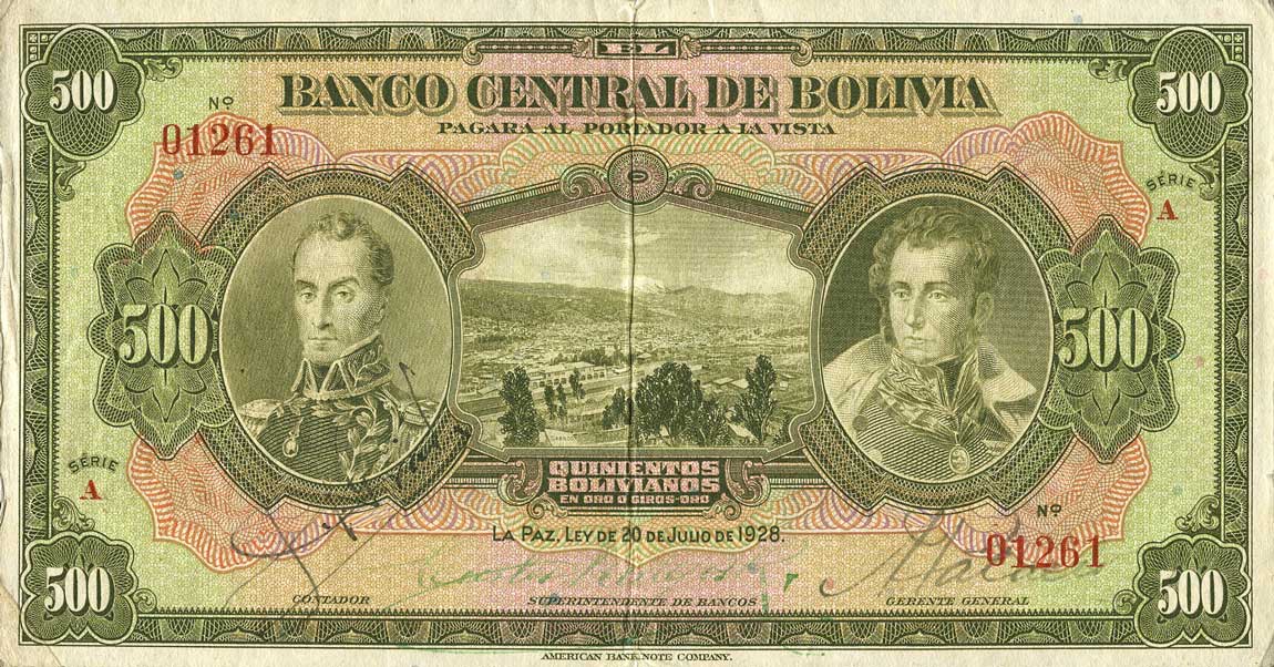 Front of Bolivia p126a: 500 Bolivianos from 1928