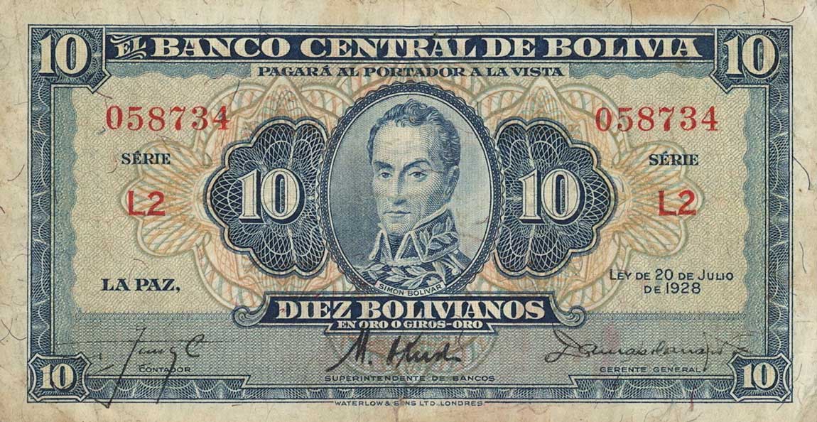 Front of Bolivia p130: 10 Bolivianos from 1928