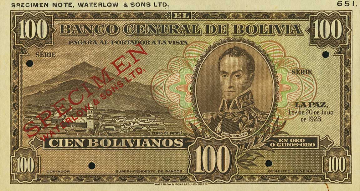 Front of Bolivia p133ct: 100 Bolivianos from 1928