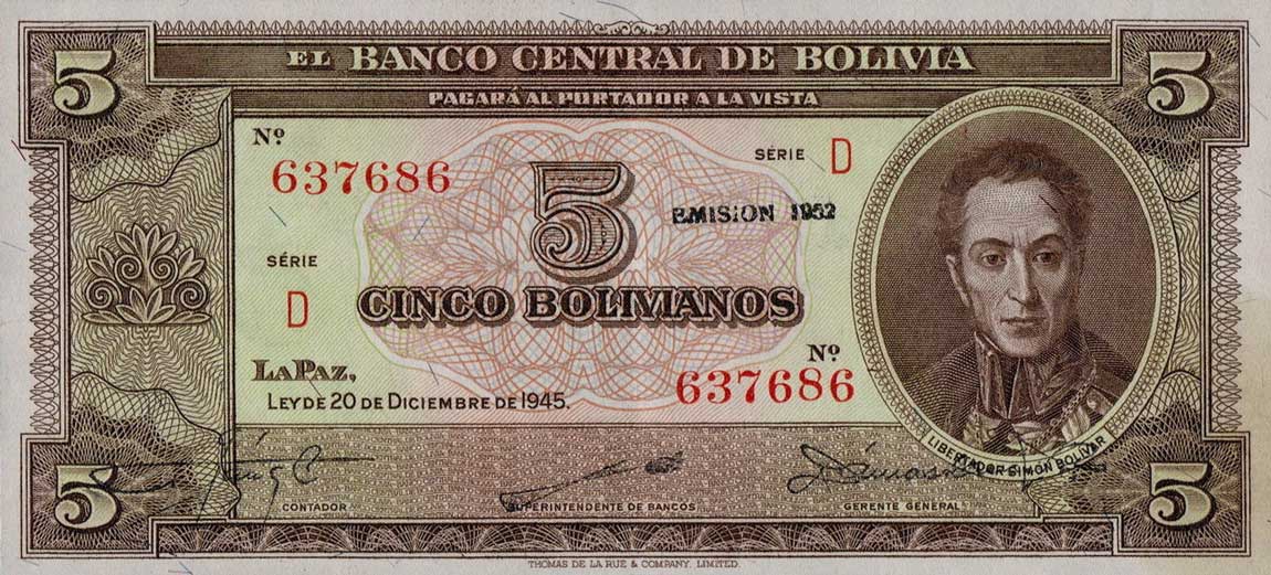 Front of Bolivia p138c: 5 Bolivianos from 1945