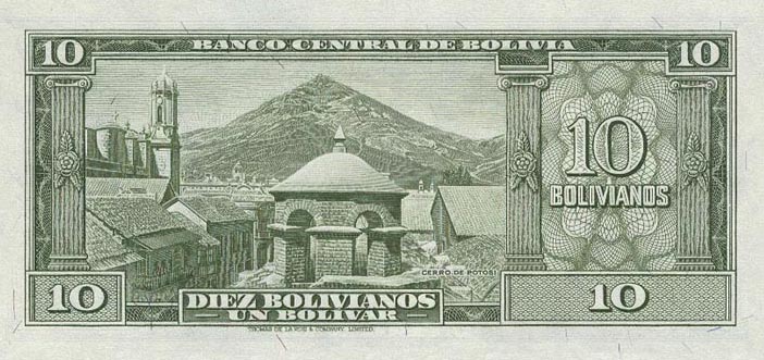Back of Bolivia p139c: 10 Bolivianos from 1945