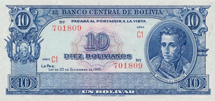 Front of Bolivia p139c: 10 Bolivianos from 1945