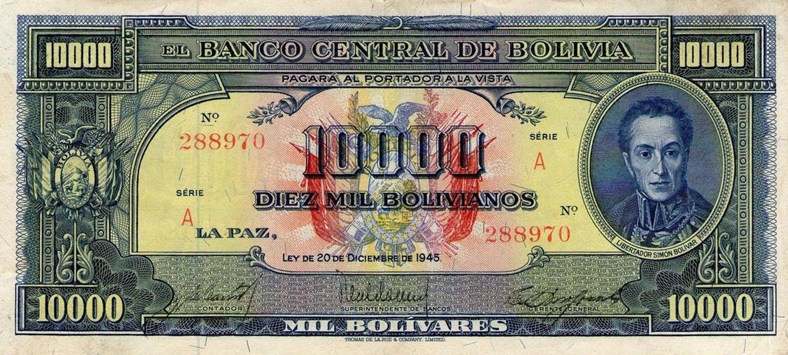Front of Bolivia p146: 10000 Bolivianos from 1945