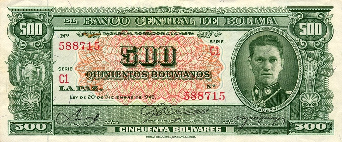 Front of Bolivia p148: 500 Bolivianos from 1945